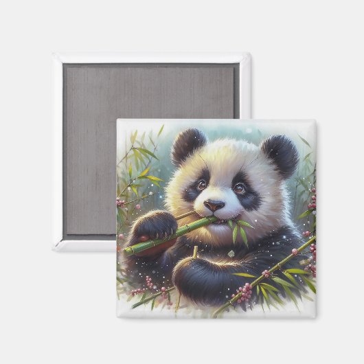 Aimant Adorable Ours De Panda Mangeant Bambou (Recto/Verso)