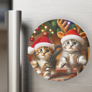 Aimant Adorables chatons avec le Père Noël et chapeaux de
