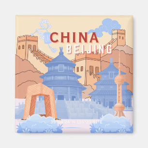 Aimant Affiche de voyage à Pékin Chine Bleu pastel et p