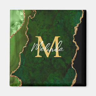 Aimant Agate Marbrée Verte et Dorée
