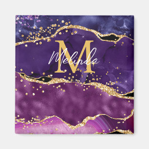 Aimant Agate Paillettes Violet Foncé et Or