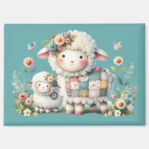 Aimant Agneaux mignons aux accents floraux et patchwork