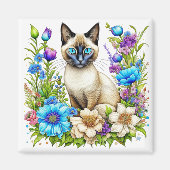 Aimant Ai Aquarelle Siamese Chat en Fleurs (Devant)