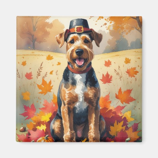 Aimant Airedale dans l'Art de Thanksgiving des feuilles d (Devant)