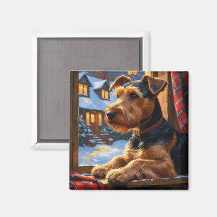 Aimant Airedale Terrier avec lumières de Noël vacances