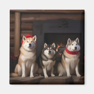 Aimant Akita au coin du feu de Noël
