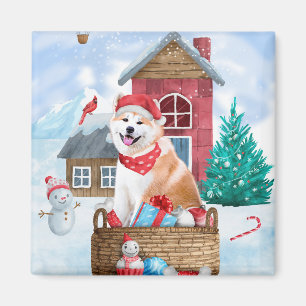 Aimant Akita Chien dans la neige Maison de Chien de Noël