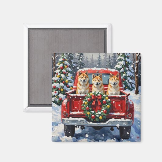 Aimant Akita Christmas Red Truck Holiday (Recto/Verso)