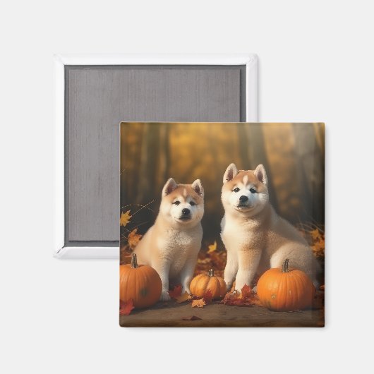 Aimant Akita Puppy Citrouille d'automne (Recto/Verso)