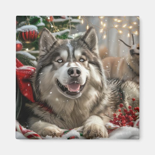 Aimant Alaskan Malamute Chien Fête de Noël (Devant)