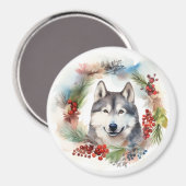 Aimant Alaskan Malamute Festive de la couronne de Noël (Recto/Verso)