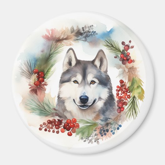 Aimant Alaskan Malamute Festive de la couronne de Noël (Devant)