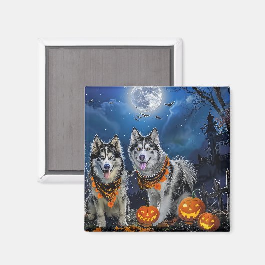 Aimant Alaskan Malamute Halloween Éffrayant (Recto/Verso)