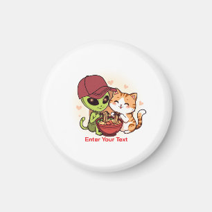 Aimant Alien & Chat Partageant Ramen Kawaii Art