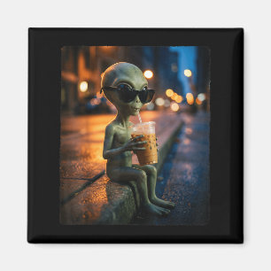 Aimant Alien drôle portant des lunettes de soleil buvant
