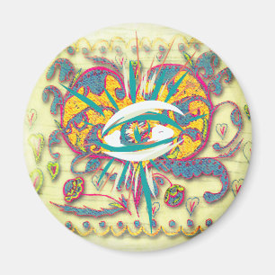 Aimant Alien Folk Art Coeur avec oeil, feuilles, fleurs