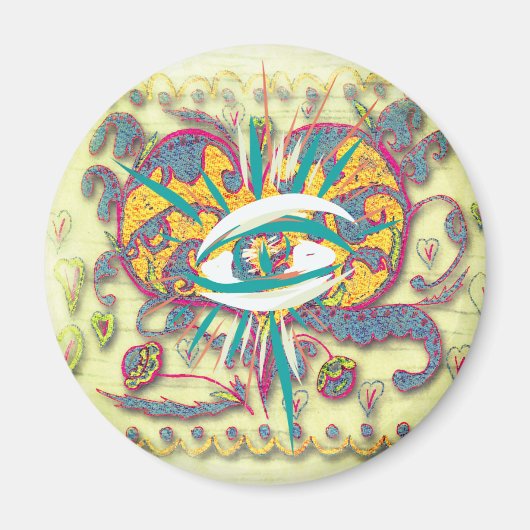 Aimant Alien Folk Art Coeur avec oeil, feuilles, fleurs (Devant)