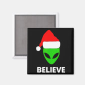 Aimant Alien Green Face Christmas Santa Hat Believe (Recto/Verso)