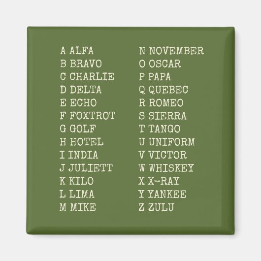 Aimant Alphabet Phonétique de l'Aviation – Vert Mi (Devant)