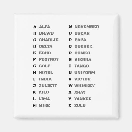 Aimant Alphabet phonétique militaire (Devant)