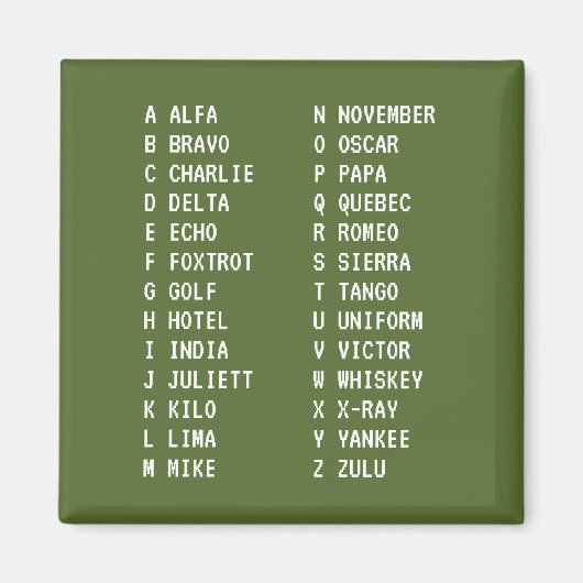 Aimant Alphabet phonétique militaire A-Z Tableau de code (Devant)