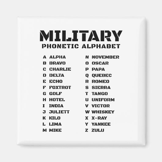 Aimant Alphabet phonétique pour l'armée (Devant)