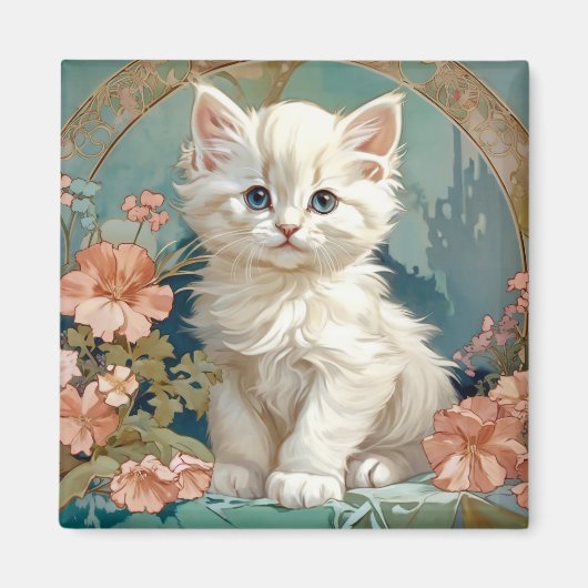 Aimant Alphonse Mucha Style Chat blanc, art chaton persan (Devant)