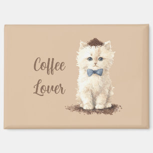Aimant Amateur de café crème Chat blanc noeud bleu