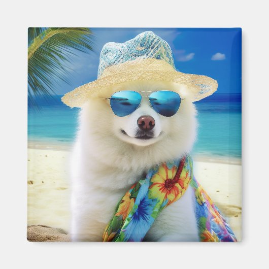 Aimant American Eskimo on Beach, cadeau d'été pour amoure (Devant)