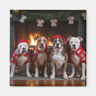 Aimant American Staffordshire au coin du feu Noël