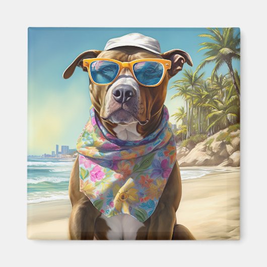 Aimant American Staffordshire sur la plage, cadeau d'été (Devant)