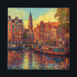 Aimant Amsterdam canal maisons de style van Gogh<br><div class="desc">une belle peinture en style van Gogh des maisons de canal et des bateaux à usage domestique à Amsterdam</div>