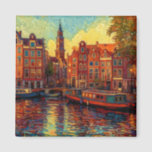 Aimant Amsterdam canal maisons de style van Gogh<br><div class="desc">une belle peinture en style van Gogh des maisons de canal et des bateaux à usage domestique à Amsterdam</div>