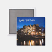 Aimant Amsterdam canal maisons la nuit avec texte (Recto/Verso)