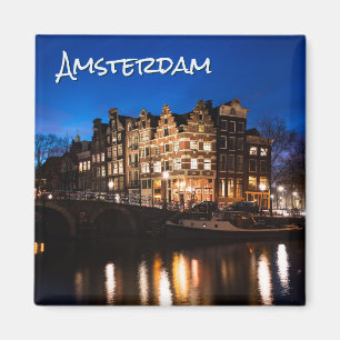 Aimant Amsterdam canal maisons la nuit avec texte