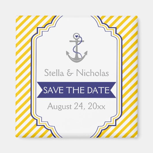 Aimant Ancre jaune blanc mariage nautique Save the Date (Devant)