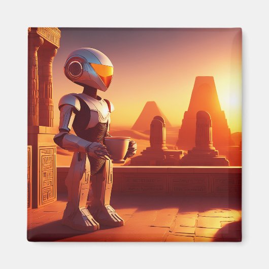 Aimant Android buvant du café regardant les pyramides (Devant)