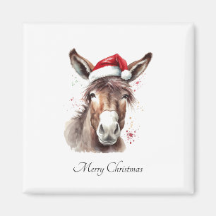 Aimant Âne de Noël à l'aquarelle avec chapeau de Père Noë