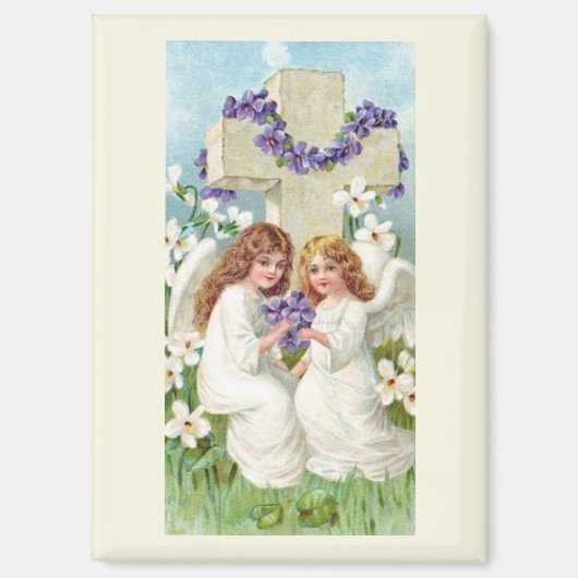 Aimant Anges Mignons Avec Croix Et Fleurs (Recto)