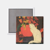Aimant Animaux vintage, élégant chat blanc, fleurs d'auto (Recto/Verso)