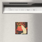 Aimant Animaux vintage, élégant chat blanc, fleurs d'auto (In Situ (Lave-vaisselle))