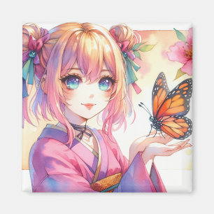 Aimant Anime Girl Holding a Butterfly Ai Art