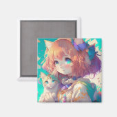 Aimant Anime Girl Holding an Adorable Kitten (Recto/Verso)