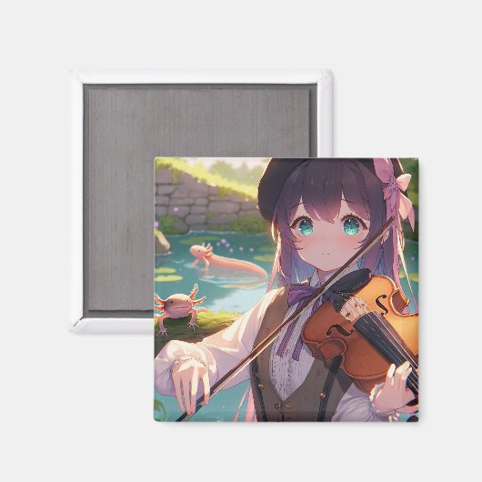 Aimant Anime Girl Jouer le violon et les Axolotls (Recto/Verso)