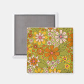 Aimant Années 1960, 1970 Vert & Orange Retro Floral (Recto/Verso)