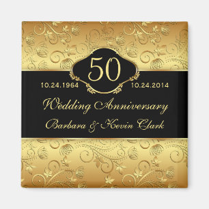 Aimant Anniversaire de mariage d'or floral de noir