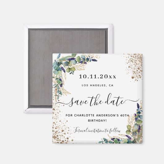 Aimant Anniversaire eucalyptus or parties scintillant enr (Recto/Verso)