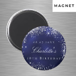 Aimant Anniversaire marine bleu argent nom de parties sci<br><div class="desc">Pour un 18e anniversaire (ou tout âge). Bleu bleu marine, la couleur bleue est inégale. Décoré avec de la parties scintillant en faux argent. Personnalisez et ajoutez une date, un nom et un âge/événement. Lettres blanches. Peut être utilisé comme gardien, fête de faveur ou comme un Save the Date pour...</div>