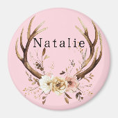 Aimant Antlers de cerfs de fleurs roses Personnalisés (Devant)