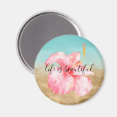 Aimant Aqua Marbre Or Aquarelle rose Hibiscus Fleur (Recto/Verso)